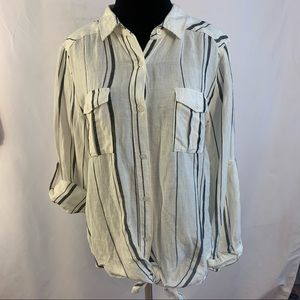 Harper Top Tie Front Button Down Linen Striped Blouse Women's L Large Spring